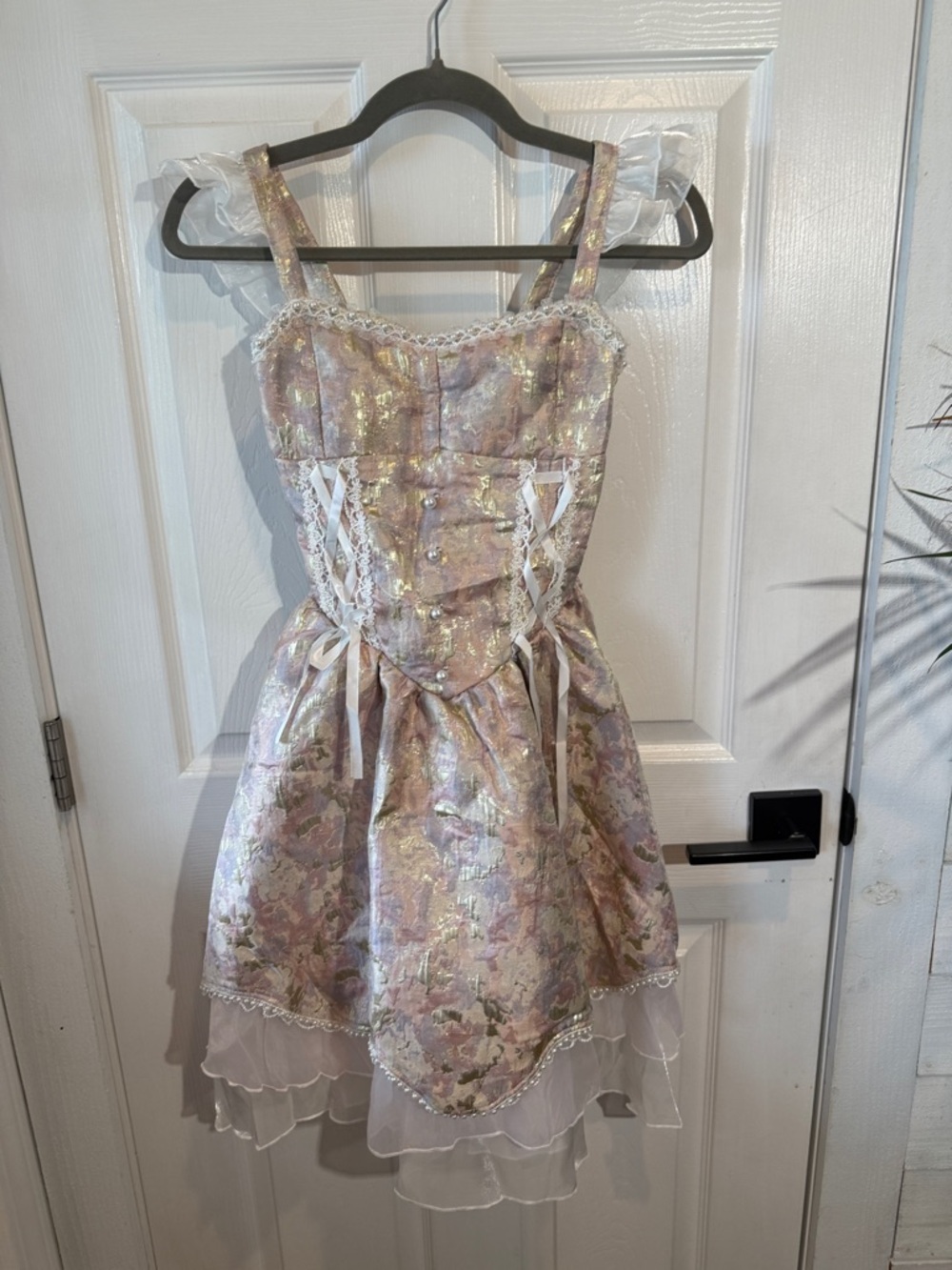 Pastel Lolita Style Floral Mini Corset style Dress with Gold Accents